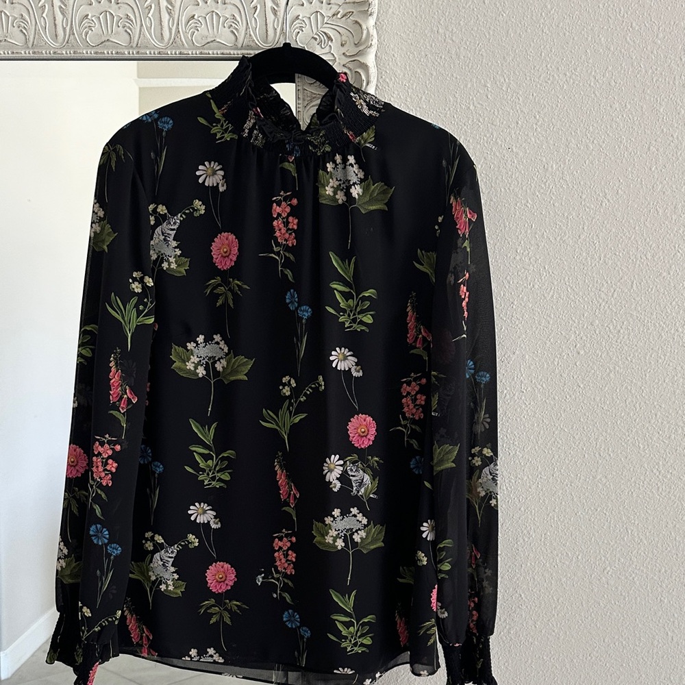 Ted Baker Cat Floral Florence Black Long Sleeve Top Size 3